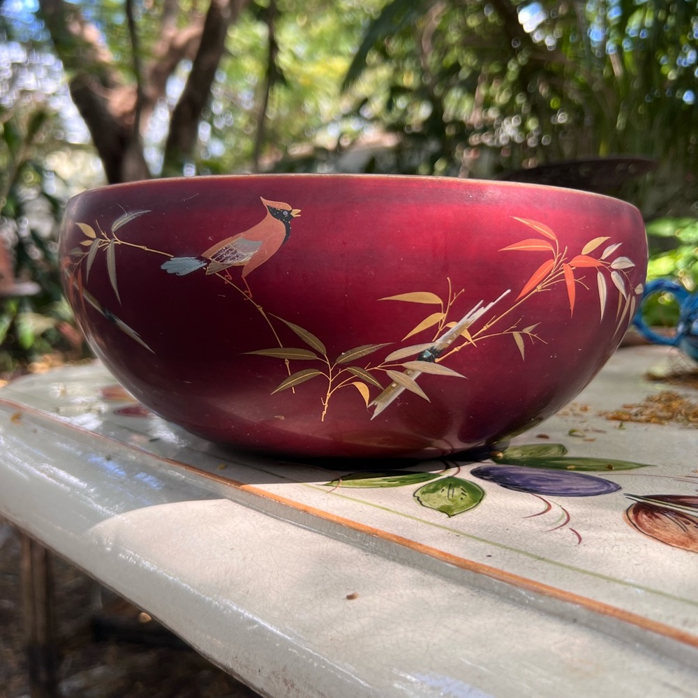 Laquerware Bowl with Bird Motif by Maruni - shows wear